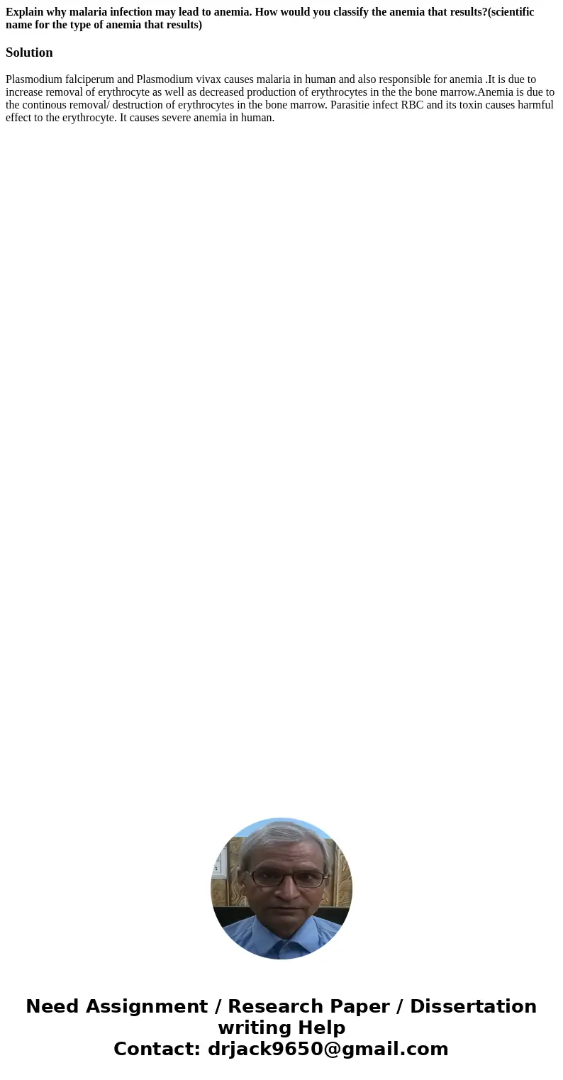 Explain why malaria infection may lead to anemia. How would you classify the anemia that results?(scientific name for the type of anemia that results)SolutionPl Explain why malaria infection may lead to anemia. How would you classify the anemia that results?(scientific name for the type of anemia that results)SolutionPl