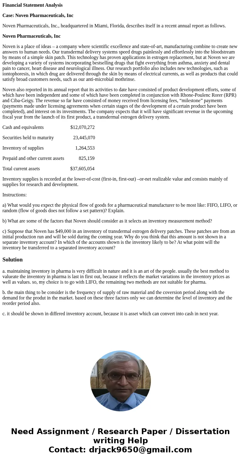 Financial Statement Analysis Case: Noven Pharmaceuticals, Inc Noven Pharmaceuticals, Inc., headquartered in Miami, Florida, describes itself in a recent annual  Financial Statement Analysis Case: Noven Pharmaceuticals, Inc Noven Pharmaceuticals, Inc., headquartered in Miami, Florida, describes itself in a recent annual