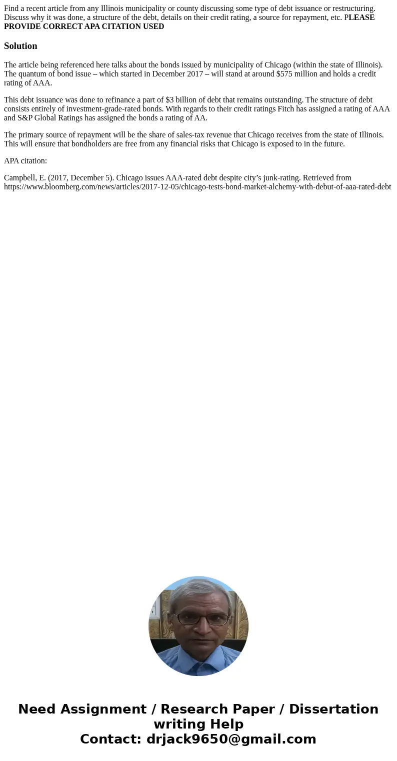 Find a recent article from any Illinois municipality or county discussing some type of debt issuance or restructuring. Discuss why it was done, a structure of t Find a recent article from any Illinois municipality or county discussing some type of debt issuance or restructuring. Discuss why it was done, a structure of t