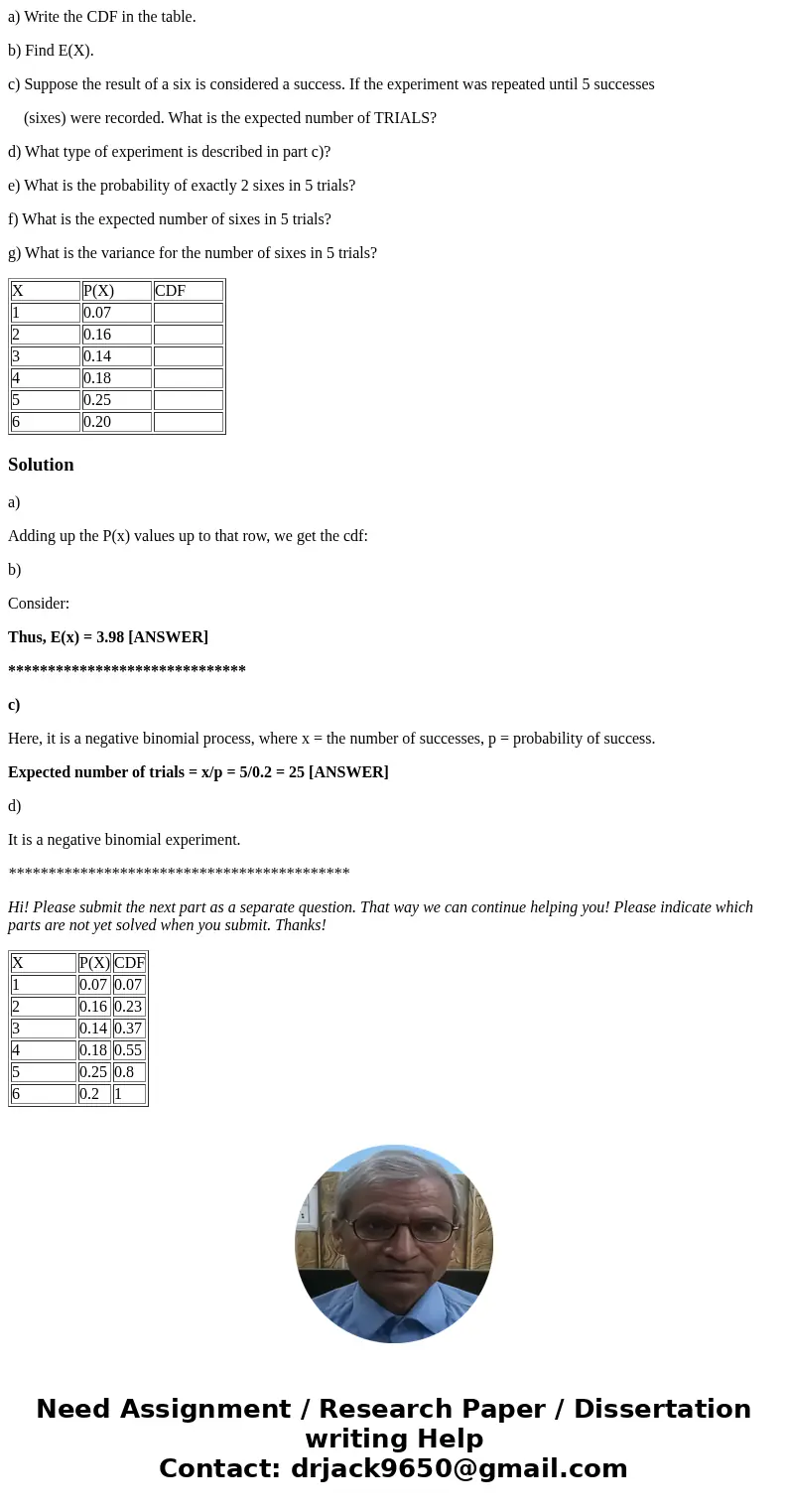 For the following discrete distribution: X P(X) CDF 1 0.07 2 0.16 3 0.14 4 0.18 5 0.25 6 0.20 a) Write the CDF in the table. b) Find E(X). c) Suppose the result