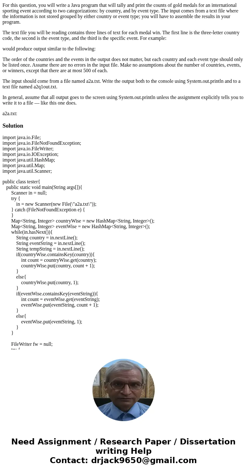For this question, you will write a Java program that will tally and print the counts of gold medals for an international sporting event according to two catego For this question, you will write a Java program that will tally and print the counts of gold medals for an international sporting event according to two catego