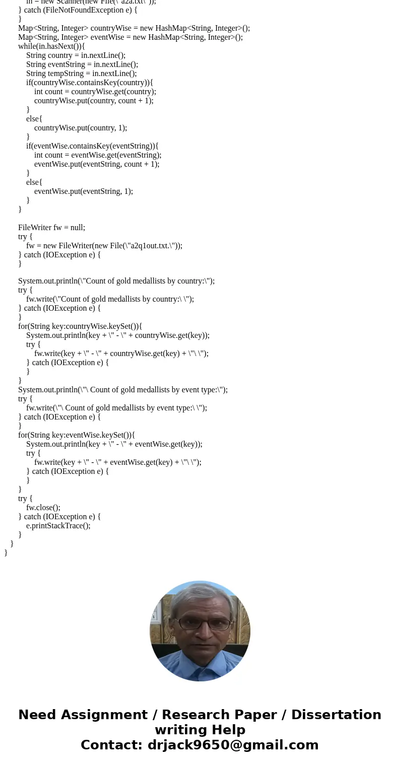For this question, you will write a Java program that will tally and print the counts of gold medals for an international sporting event according to two catego For this question, you will write a Java program that will tally and print the counts of gold medals for an international sporting event according to two catego