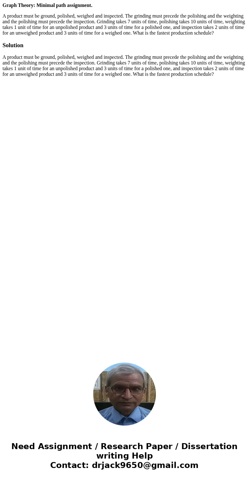 Graph Theory: Minimal path assignment. A product must be ground, polished, weighed and inspected. The grinding must precede the polishing and the weighting and  Graph Theory: Minimal path assignment. A product must be ground, polished, weighed and inspected. The grinding must precede the polishing and the weighting and