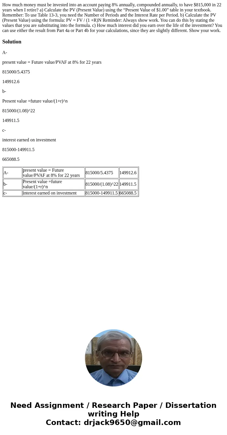 How much money must be invested into an account paying 8% annually, compounded annually, to have $815,000 in 22 years when I retire? a) Calculate the PV (Presen How much money must be invested into an account paying 8% annually, compounded annually, to have $815,000 in 22 years when I retire? a) Calculate the PV (Presen