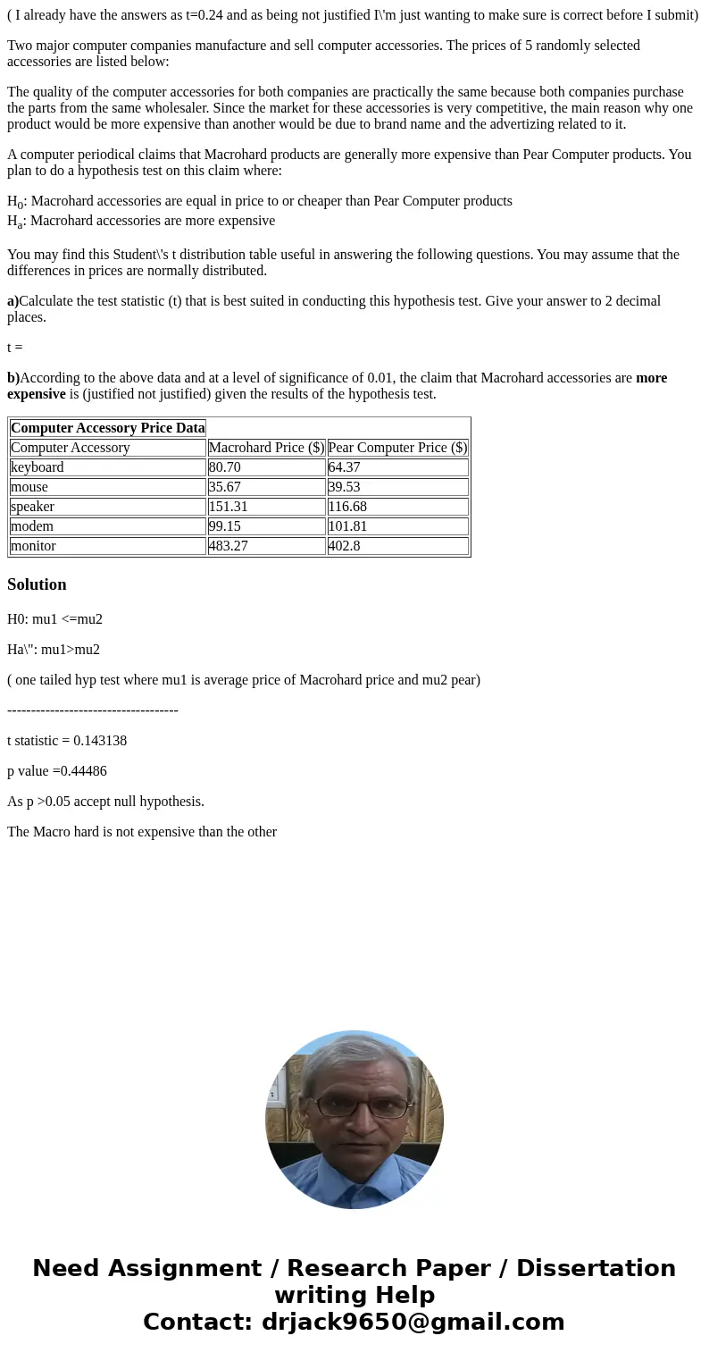 ( I already have the answers as t=0.24 and as being not justified I\'m just wanting to make sure is correct before I submit) Two major computer companies manufa