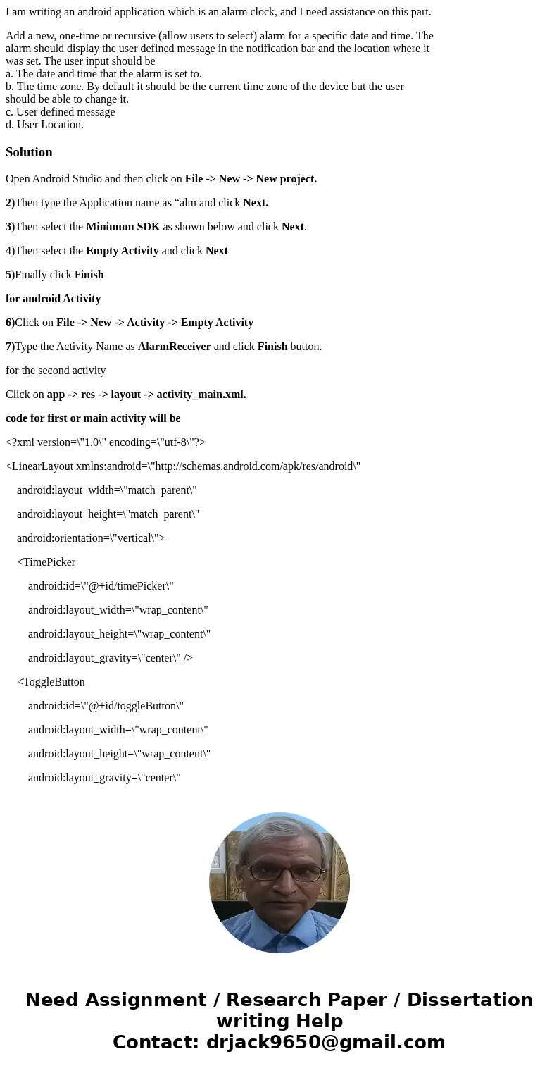 I am writing an android application which is an alarm clock, and I need assistance on this part. Add a new, one-time or recursive (allow users to select) alarm  I am writing an android application which is an alarm clock, and I need assistance on this part. Add a new, one-time or recursive (allow users to select) alarm