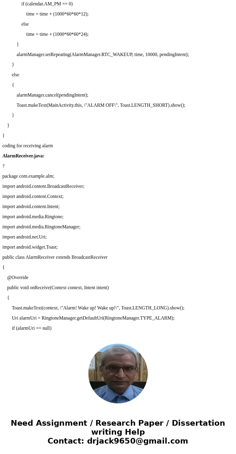 I am writing an android application which is an alarm clock, and I need assistance on this part. Add a new, one-time or recursive (allow users to select) alarm  I am writing an android application which is an alarm clock, and I need assistance on this part. Add a new, one-time or recursive (allow users to select) alarm