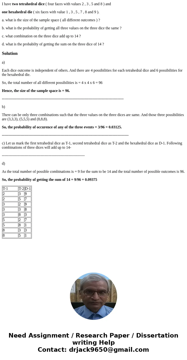 I have two tetrahedral dice ( four faces with values 2 , 3 , 5 and 8 ) and one hexahedral die ( six faces with value 1 , 3 , 5 , 7 , 8 and 9 ). a. what is the s I have two tetrahedral dice ( four faces with values 2 , 3 , 5 and 8 ) and one hexahedral die ( six faces with value 1 , 3 , 5 , 7 , 8 and 9 ). a. what is the s
