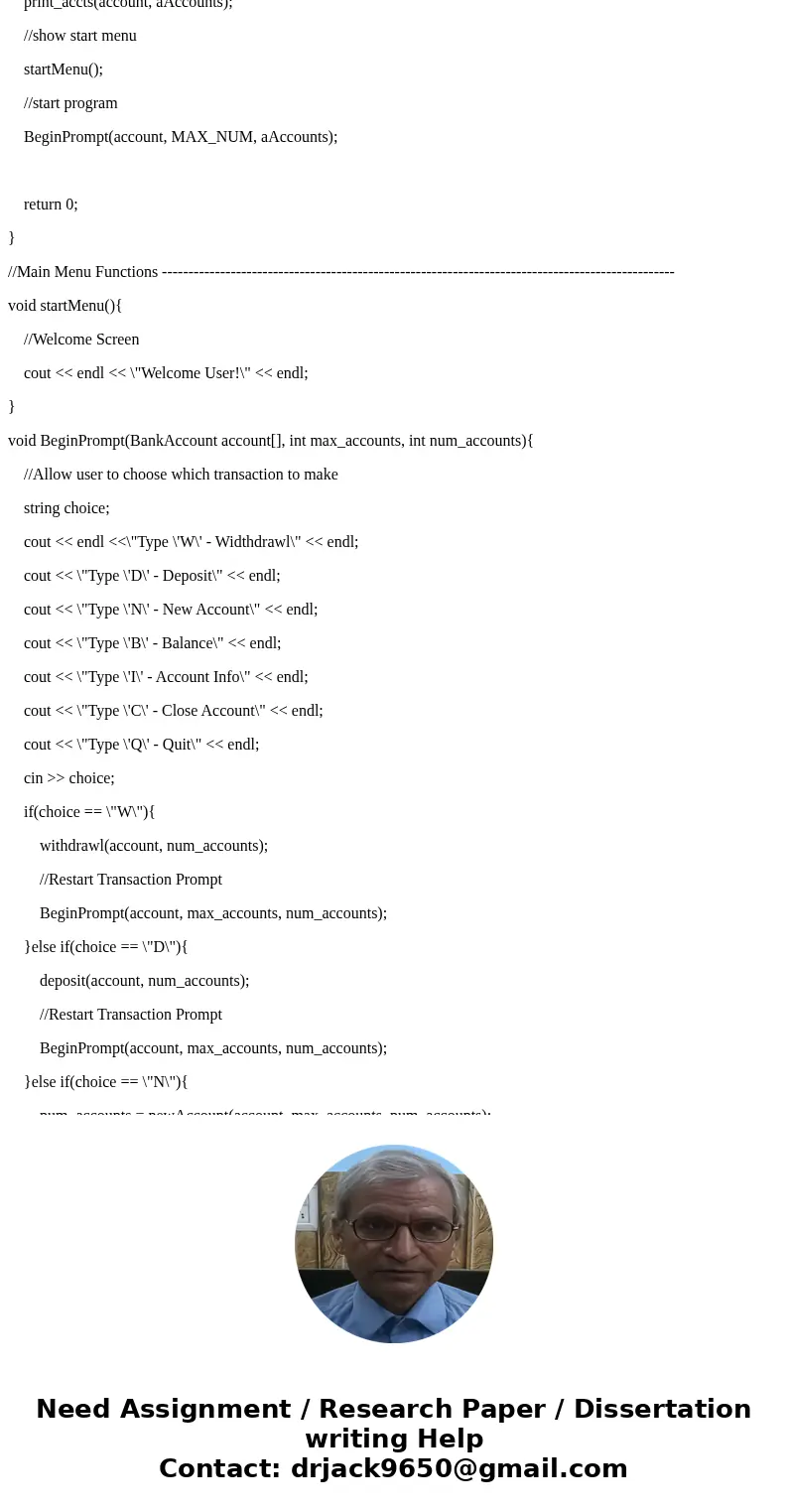 I need help with this. My first code kind of works, but it isn\'t showing the balance after each transaction. Develop a banking program using an Account class.  I need help with this. My first code kind of works, but it isn\'t showing the balance after each transaction. Develop a banking program using an Account class.