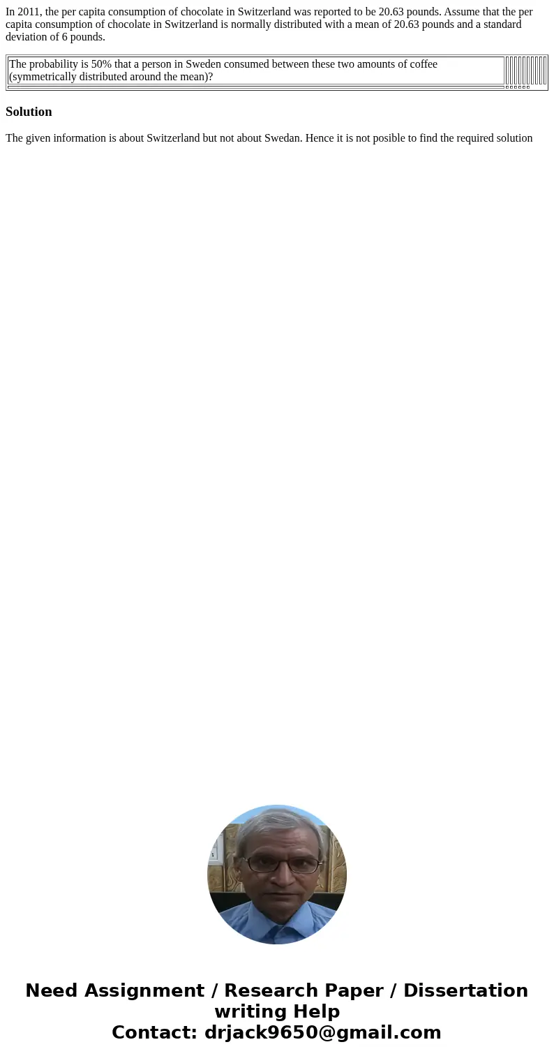 In 2011, the per capita consumption of chocolate in Switzerland was reported to be 20.63 pounds. Assume that the per capita consumption of chocolate in Switzerl In 2011, the per capita consumption of chocolate in Switzerland was reported to be 20.63 pounds. Assume that the per capita consumption of chocolate in Switzerl