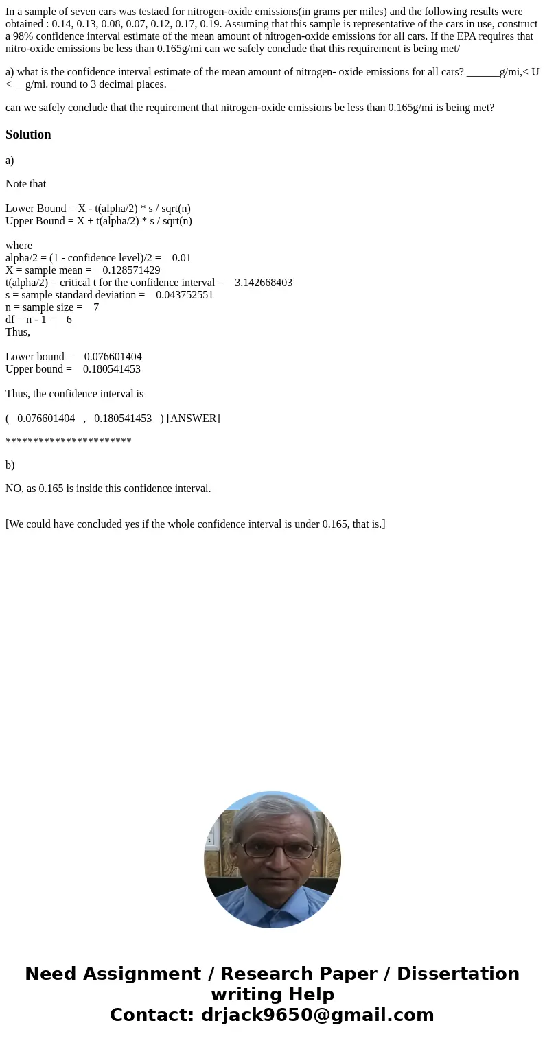 In a sample of seven cars was testaed for nitrogen-oxide emissions(in grams per miles) and the following results were obtained : 0.14, 0.13, 0.08, 0.07, 0.12, 0 In a sample of seven cars was testaed for nitrogen-oxide emissions(in grams per miles) and the following results were obtained : 0.14, 0.13, 0.08, 0.07, 0.12, 0