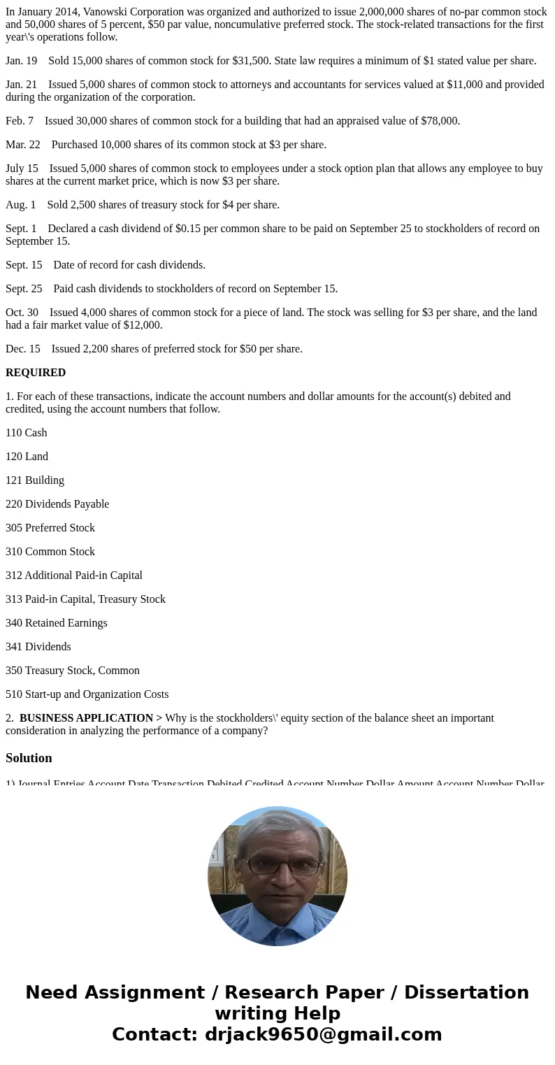 In January 2014, Vanowski Corporation was organized and authorized to issue 2,000,000 shares of no-par common stock and 50,000 shares of 5 percent, $50 par valu In January 2014, Vanowski Corporation was organized and authorized to issue 2,000,000 shares of no-par common stock and 50,000 shares of 5 percent, $50 par valu