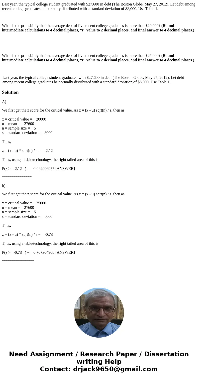 Last year, the typical college student graduated with $27,600 in debt (The Boston Globe, May 27, 2012). Let debt among recent college graduates be normally dist Last year, the typical college student graduated with $27,600 in debt (The Boston Globe, May 27, 2012). Let debt among recent college graduates be normally dist