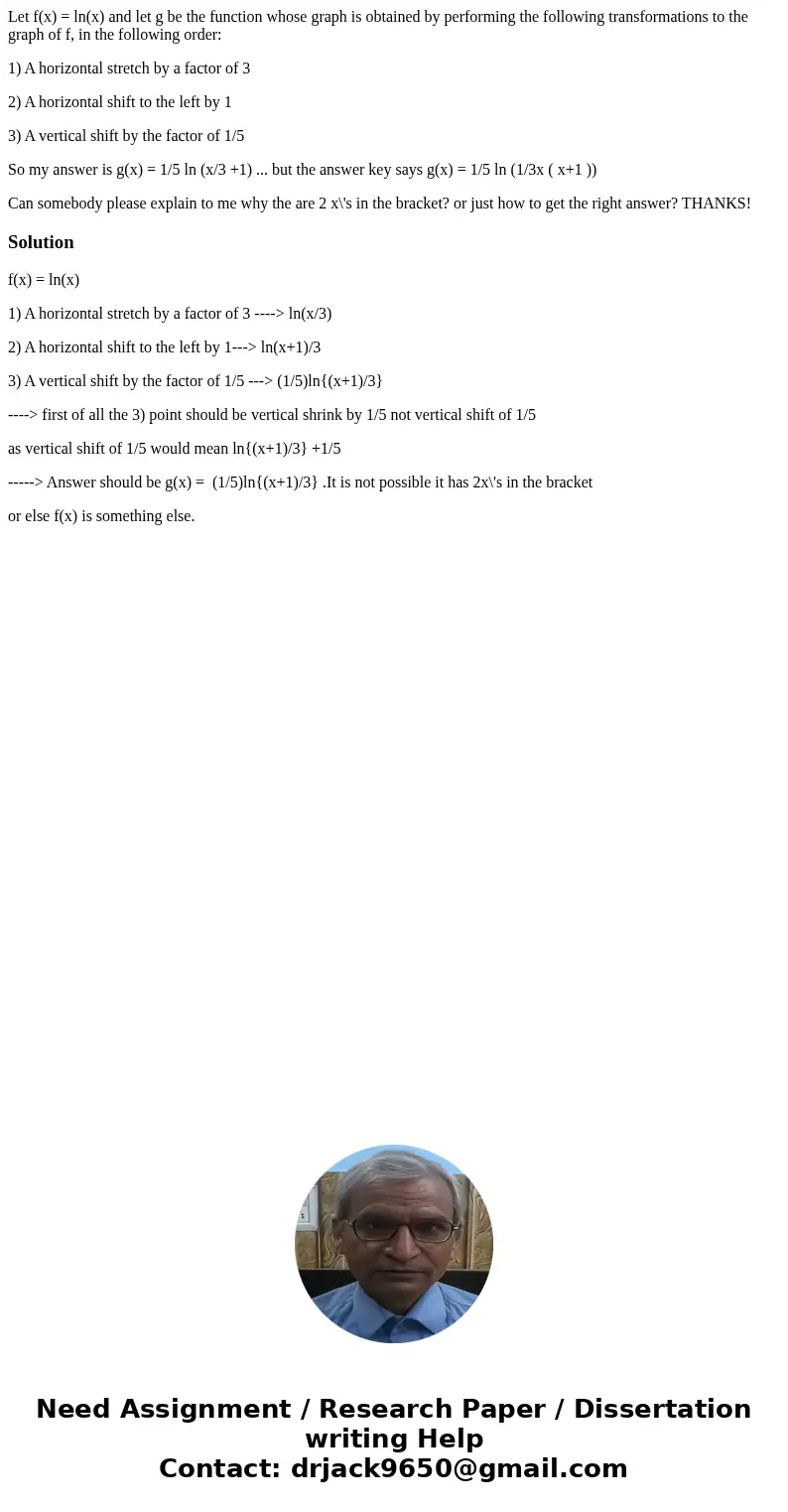 Let f(x) = ln(x) and let g be the function whose graph is obtained by performing the following transformations to the graph of f, in the following order: 1) A h Let f(x) = ln(x) and let g be the function whose graph is obtained by performing the following transformations to the graph of f, in the following order: 1) A h