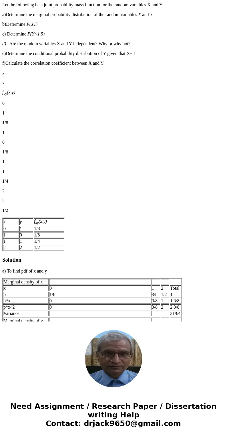 Let the following be a joint probability mass function for the random variables X and Y. a)Determine the marginal probability distribution of the random variabl