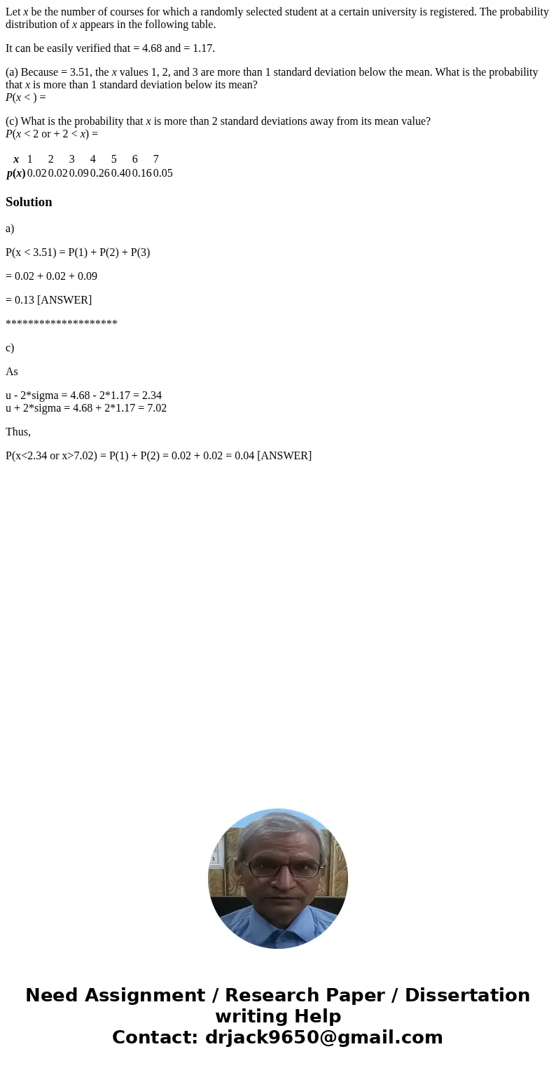 Let x be the number of courses for which a randomly selected student at a certain university is registered. The probability distribution of x appears in the fol Let x be the number of courses for which a randomly selected student at a certain university is registered. The probability distribution of x appears in the fol