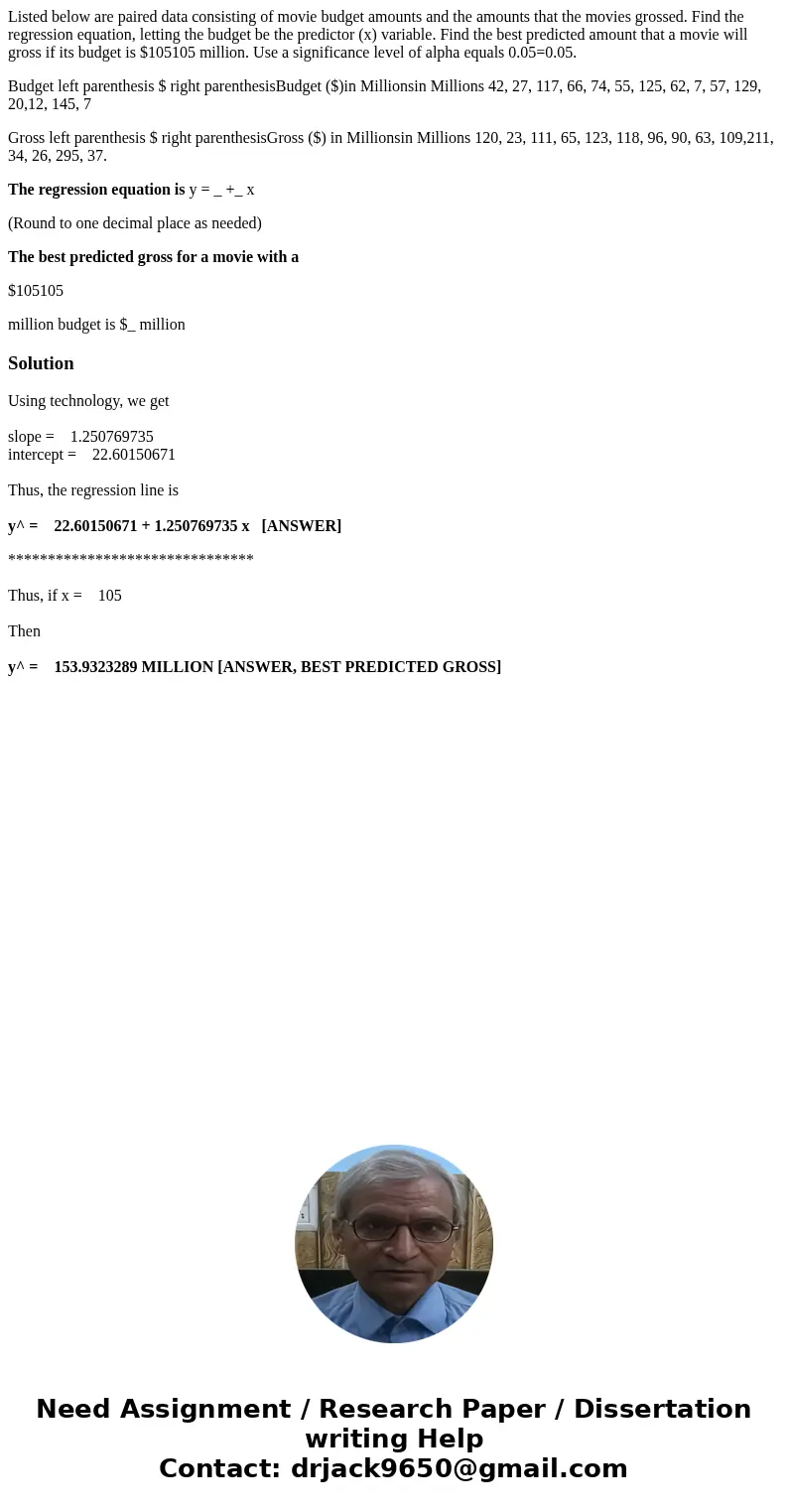 Listed below are paired data consisting of movie budget amounts and the amounts that the movies grossed. Find the regression equation, letting the budget be the Listed below are paired data consisting of movie budget amounts and the amounts that the movies grossed. Find the regression equation, letting the budget be the