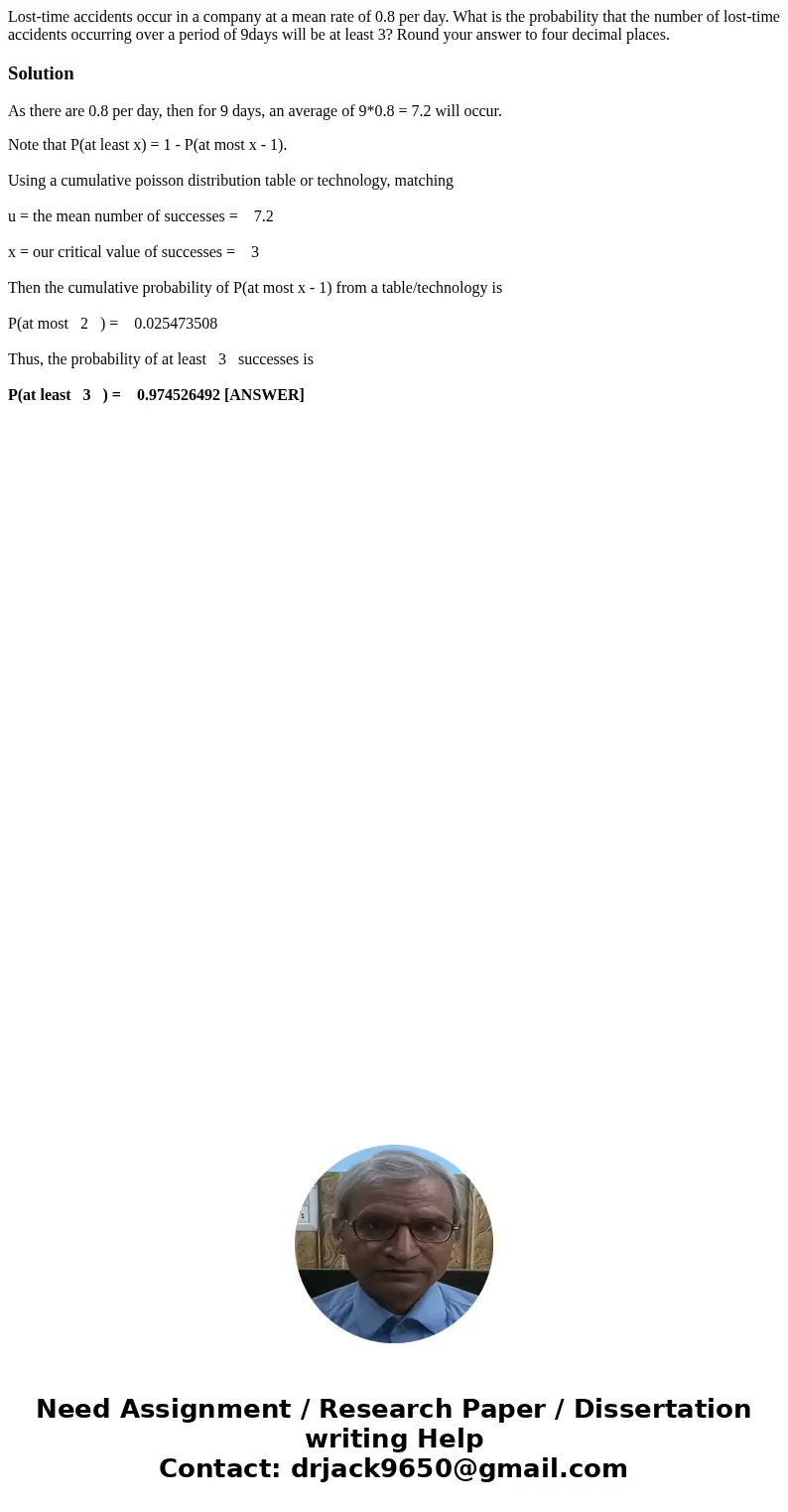 Lost-time accidents occur in a company at a mean rate of 0.8 per day. What is the probability that the number of lost-time accidents occurring over a period of  Lost-time accidents occur in a company at a mean rate of 0.8 per day. What is the probability that the number of lost-time accidents occurring over a period of