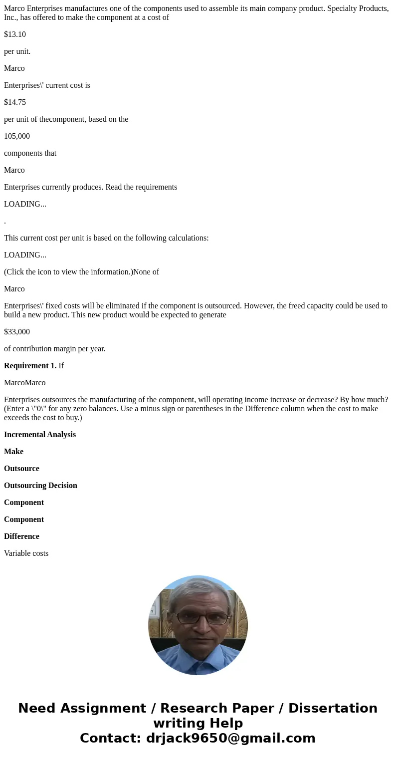 Marco Enterprises manufactures one of the components used to assemble its main company product. Specialty Products, Inc., has offered to make the component at a