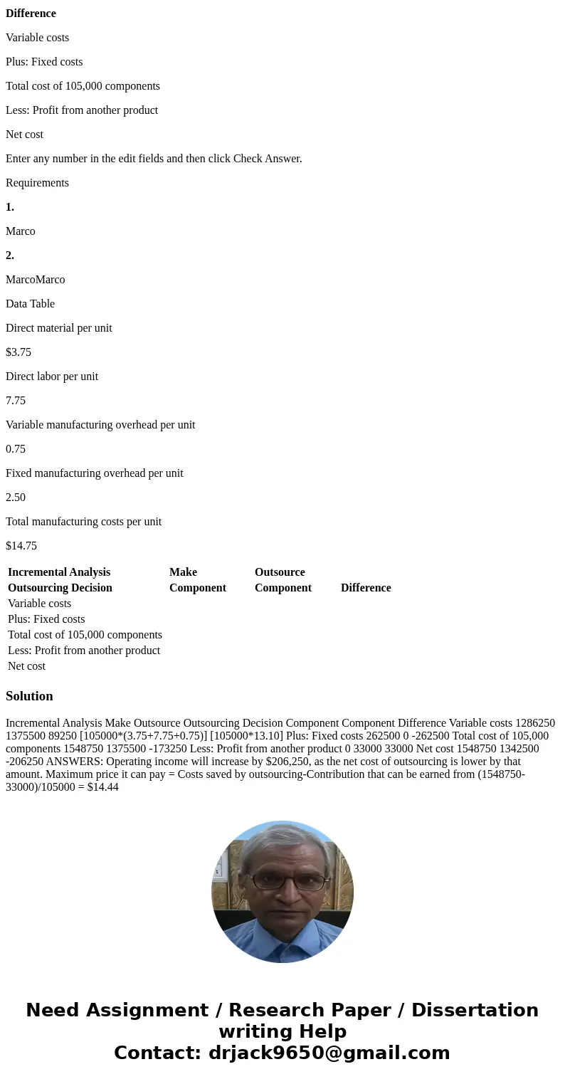 Marco Enterprises manufactures one of the components used to assemble its main company product. Specialty Products, Inc., has offered to make the component at a