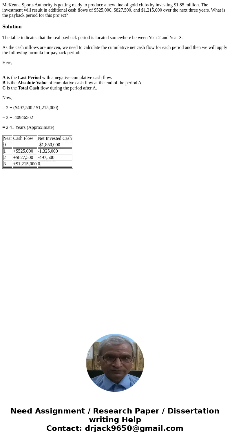 McKenna Sports Authority is getting ready to produce a new line of gold clubs by investing $1.85 million. The investment will result in additional cash flows of McKenna Sports Authority is getting ready to produce a new line of gold clubs by investing $1.85 million. The investment will result in additional cash flows of