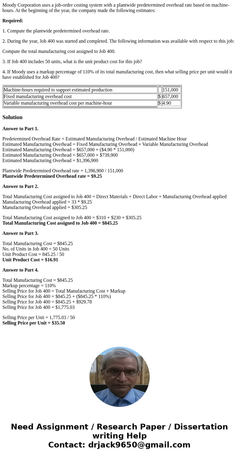 Moody Corporation uses a job-order costing system with a plantwide predetermined overhead rate based on machine-hours. At the beginning of the year, the company
