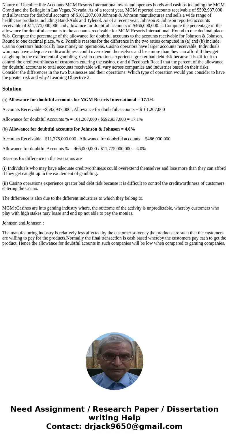 Nature of Uncollectible Accounts MGM Resorts International owns and operates hotels and casinos including the MGM Grand and the Bellagio in Las Vegas, Nevada. A Nature of Uncollectible Accounts MGM Resorts International owns and operates hotels and casinos including the MGM Grand and the Bellagio in Las Vegas, Nevada. A