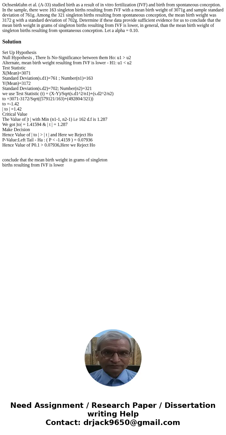 Ochsenk€uhn et al. (A-33) studied birth as a result of in vitro fertilization (IVF) and birth from spontaneous conception. In the sample, there were 163 singlet Ochsenk€uhn et al. (A-33) studied birth as a result of in vitro fertilization (IVF) and birth from spontaneous conception. In the sample, there were 163 singlet