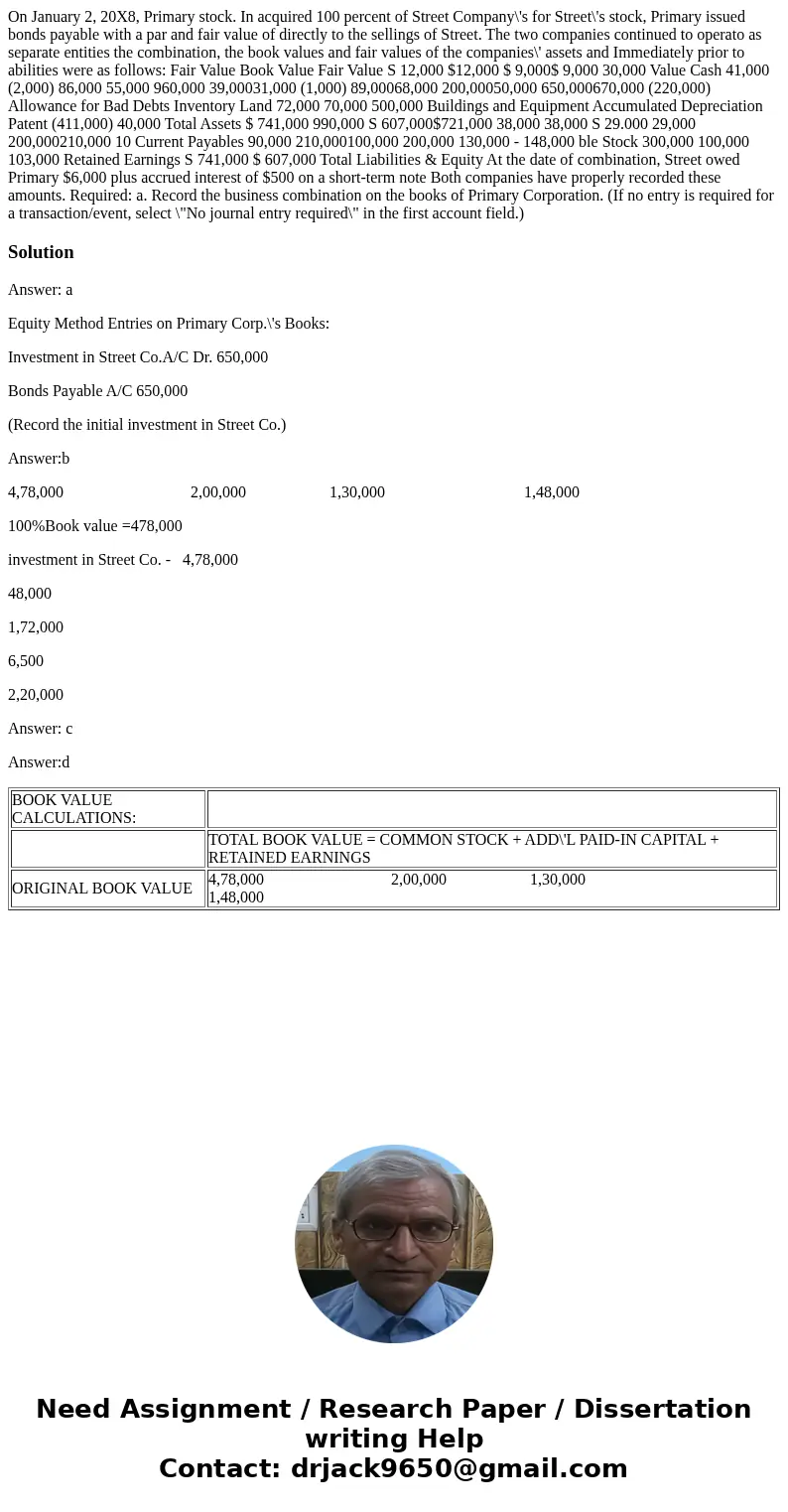 On January 2, 20X8, Primary stock. In acquired 100 percent of Street Company\'s for Street\'s stock, Primary issued bonds payable with a par and fair value of   On January 2, 20X8, Primary stock. In acquired 100 percent of Street Company\'s for Street\'s stock, Primary issued bonds payable with a par and fair value of
