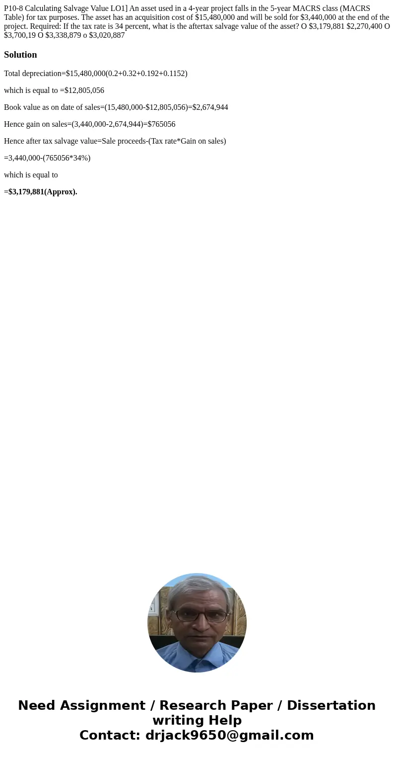 P10-8 Calculating Salvage Value LO1] An asset used in a 4-year project falls in the 5-year MACRS class (MACRS Table) for tax purposes. The asset has an acquisi