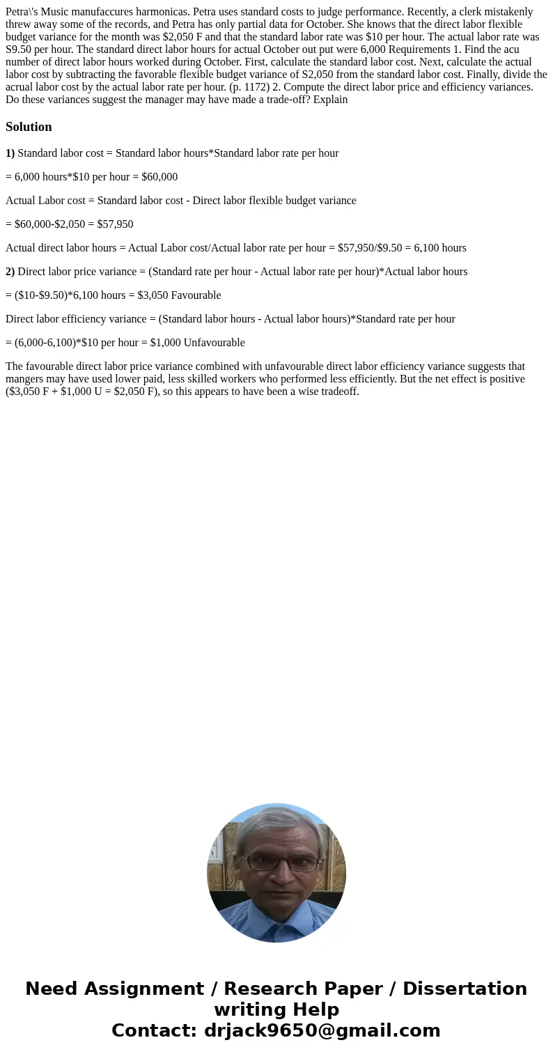 Petra\'s Music manufaccures harmonicas. Petra uses standard costs to judge performance. Recently, a clerk mistakenly threw away some of the records, and Petra   Petra\'s Music manufaccures harmonicas. Petra uses standard costs to judge performance. Recently, a clerk mistakenly threw away some of the records, and Petra