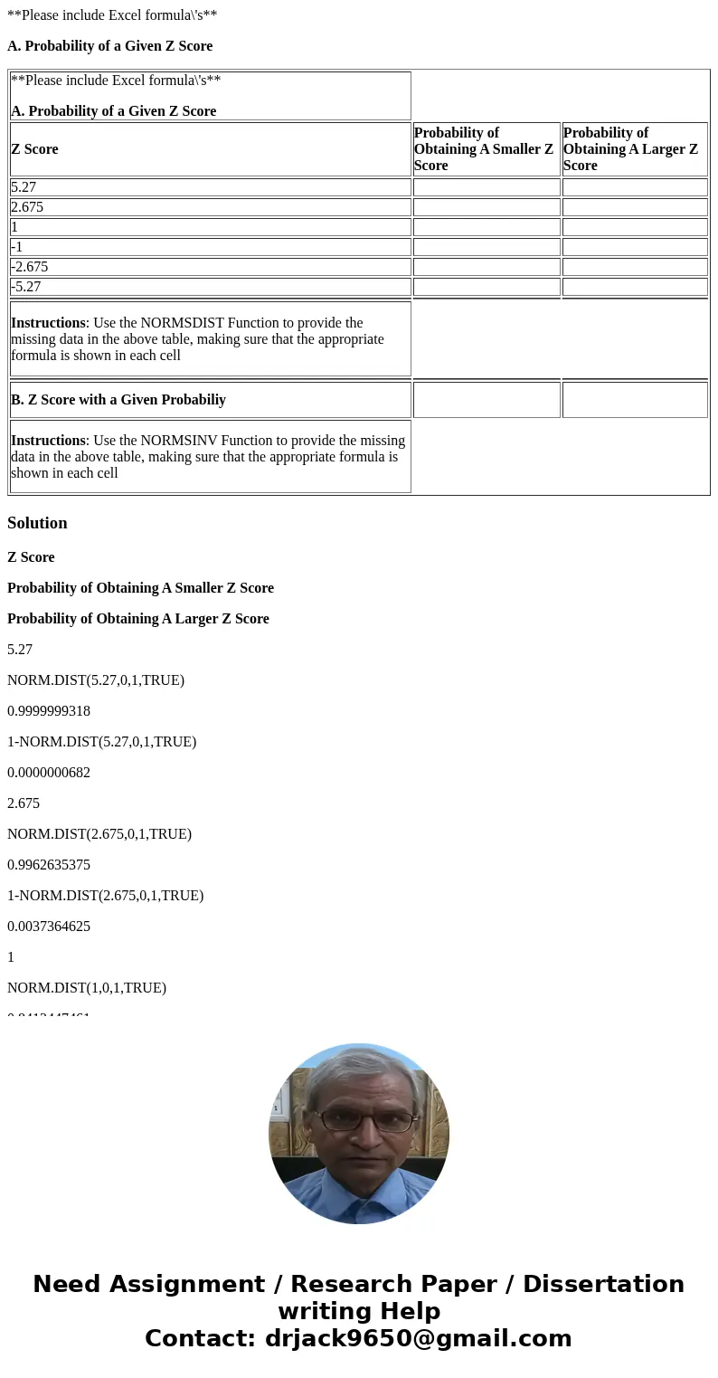 **Please include Excel formula\'s** A. Probability of a Given Z Score **Please include Excel formula\'s** A. Probability of a Given Z Score Z Score Probability 