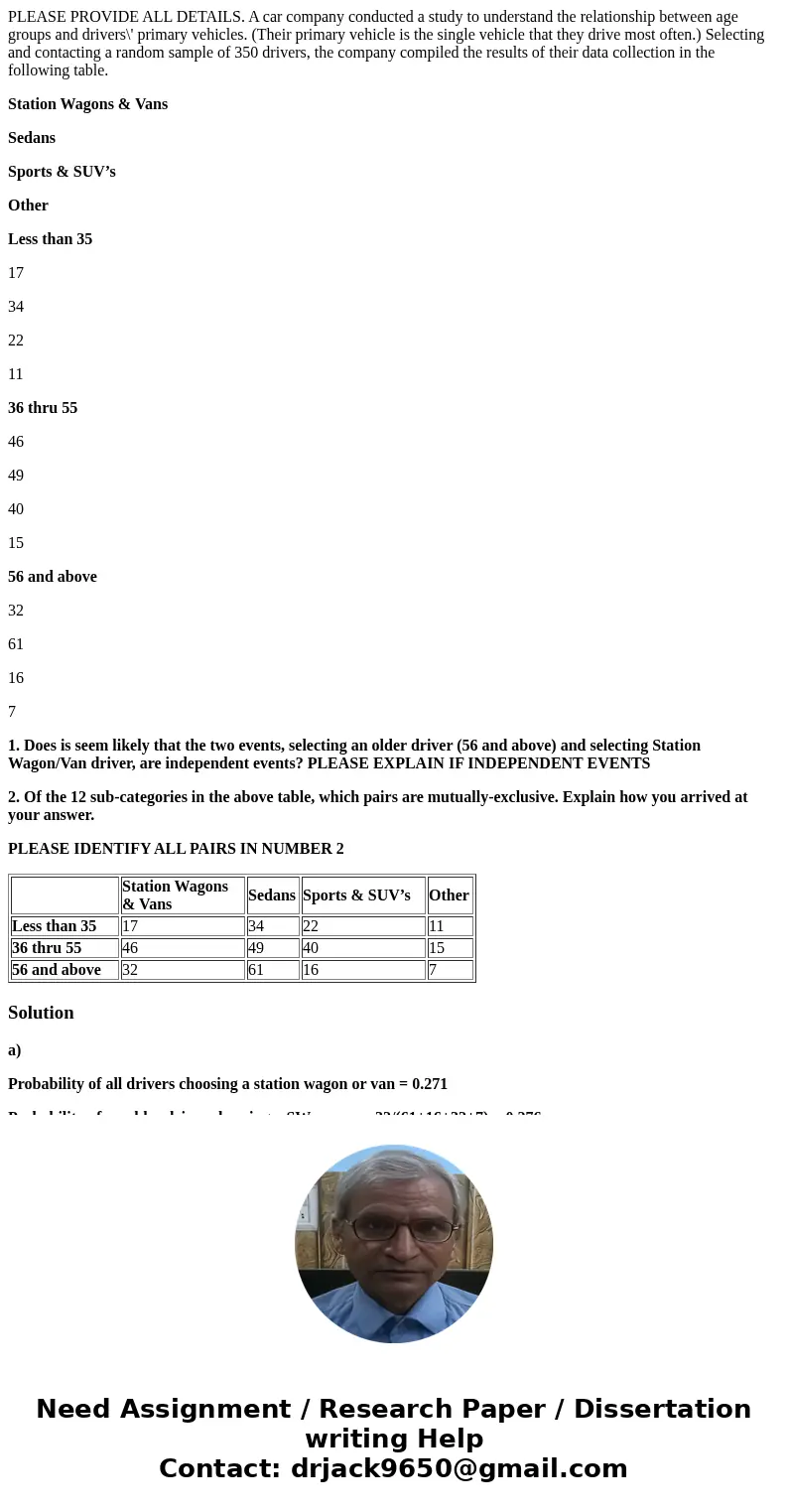 PLEASE PROVIDE ALL DETAILS. A car company conducted a study to understand the relationship between age groups and drivers\' primary vehicles. (Their primary veh PLEASE PROVIDE ALL DETAILS. A car company conducted a study to understand the relationship between age groups and drivers\' primary vehicles. (Their primary veh