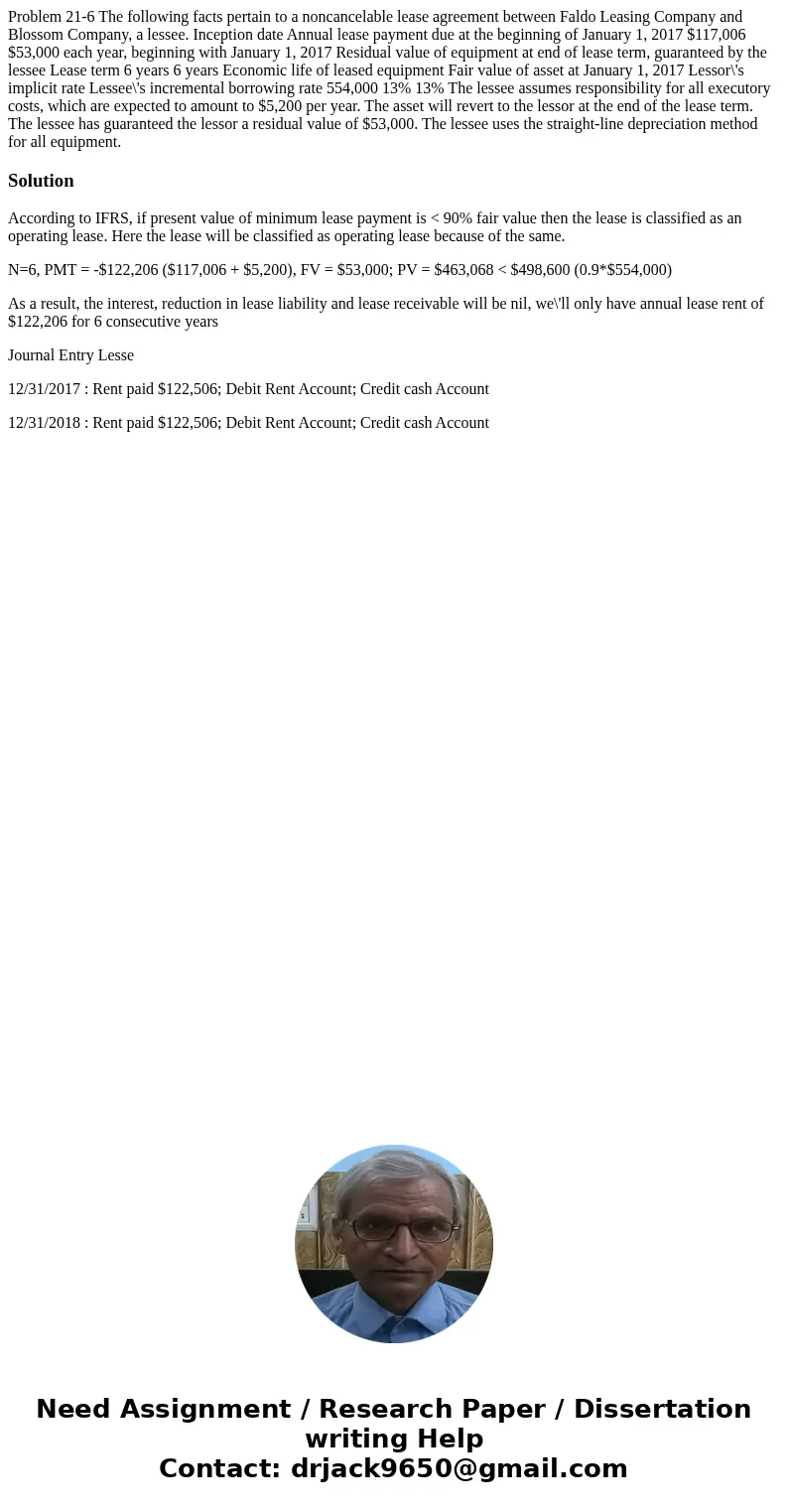 Problem 21-6 The following facts pertain to a noncancelable lease agreement between Faldo Leasing Company and Blossom Company, a lessee. Inception date Annual   Problem 21-6 The following facts pertain to a noncancelable lease agreement between Faldo Leasing Company and Blossom Company, a lessee. Inception date Annual