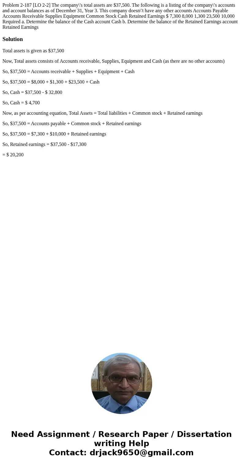  Problem 2-187 [LO 2-2] The company\'s total assets are $37,500. The following is a listing of the company\'s accounts and account balances as of December 31, Y