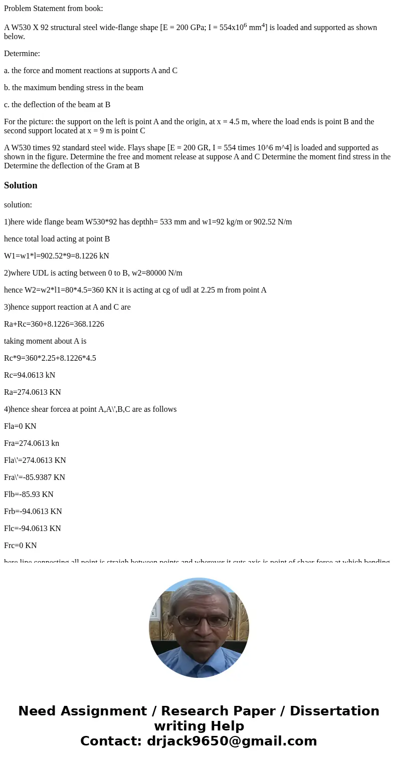 Problem Statement from book: A W530 X 92 structural steel wide-flange shape [E = 200 GPa; I = 554x106 mm4] is loaded and supported as shown below. Determine: a.