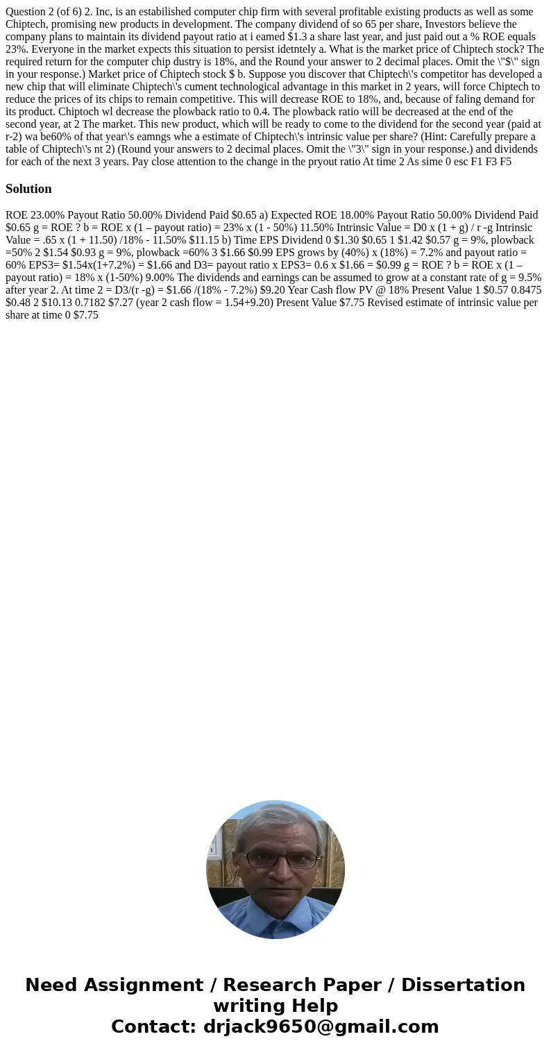 Question 2 (of 6) 2. Inc, is an estabilished computer chip firm with several profitable existing products as well as some Chiptech, promising new products in d  Question 2 (of 6) 2. Inc, is an estabilished computer chip firm with several profitable existing products as well as some Chiptech, promising new products in d