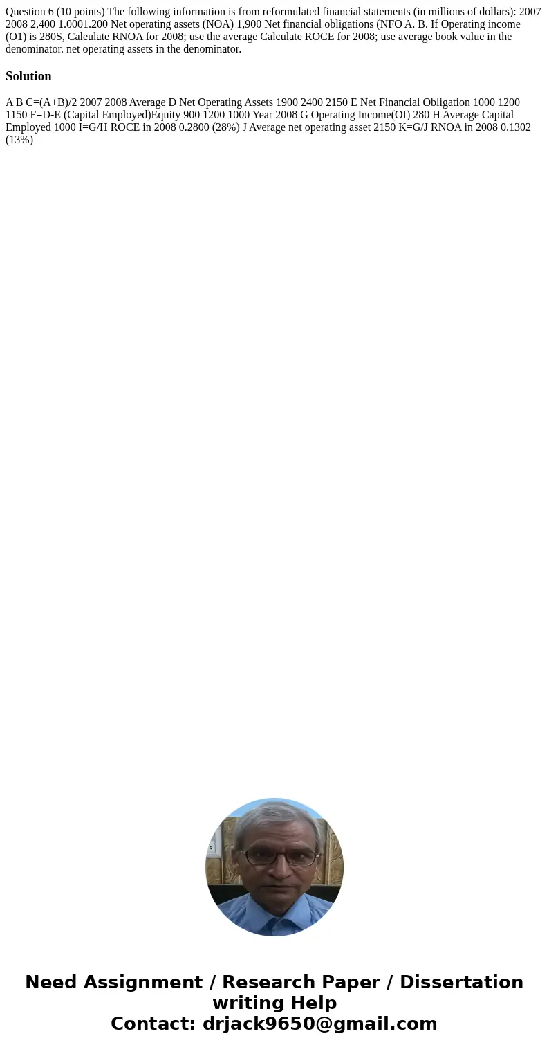 Question 6 (10 points) The following information is from reformulated financial statements (in millions of dollars): 2007 2008 2,400 1.0001.200 Net operating a  Question 6 (10 points) The following information is from reformulated financial statements (in millions of dollars): 2007 2008 2,400 1.0001.200 Net operating a
