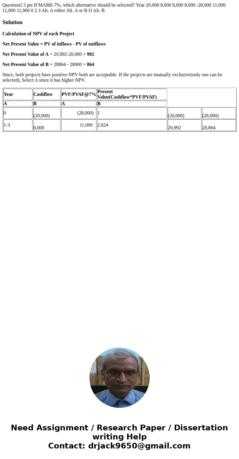 Question2 5 pts If MARR-7%, which alternative should be selected? Year 20,000 8,000 8,000 8,000 -28,000 11,000 11,000 11,000 0 2 3 Alt. A either Alt. A or B O 