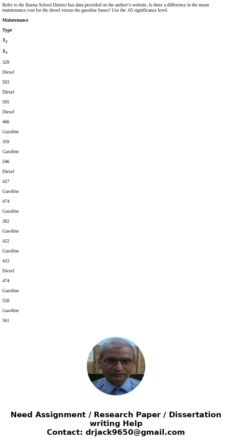 Refer to the Buena School District bus data provided on the author\'s website. Is there a difference in the mean maintenance cost for the diesel versus the gaso Refer to the Buena School District bus data provided on the author\'s website. Is there a difference in the mean maintenance cost for the diesel versus the gaso