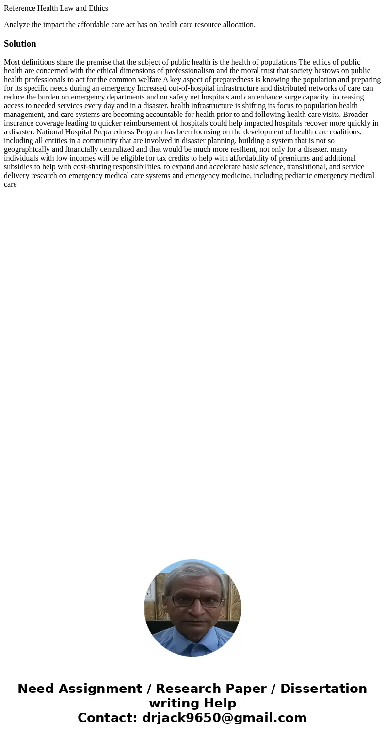 Reference Health Law and Ethics Analyze the impact the affordable care act has on health care resource allocation.Solution Most definitions share the premise th