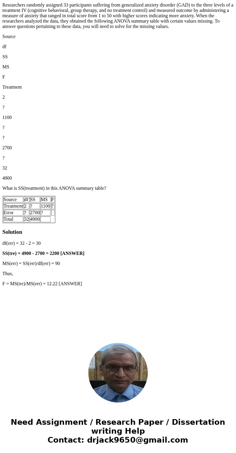 Researchers randomly assigned 33 participants suffering from generalized anxiety disorder (GAD) to the three levels of a treatment IV (cognitive behavioral, gro Researchers randomly assigned 33 participants suffering from generalized anxiety disorder (GAD) to the three levels of a treatment IV (cognitive behavioral, gro