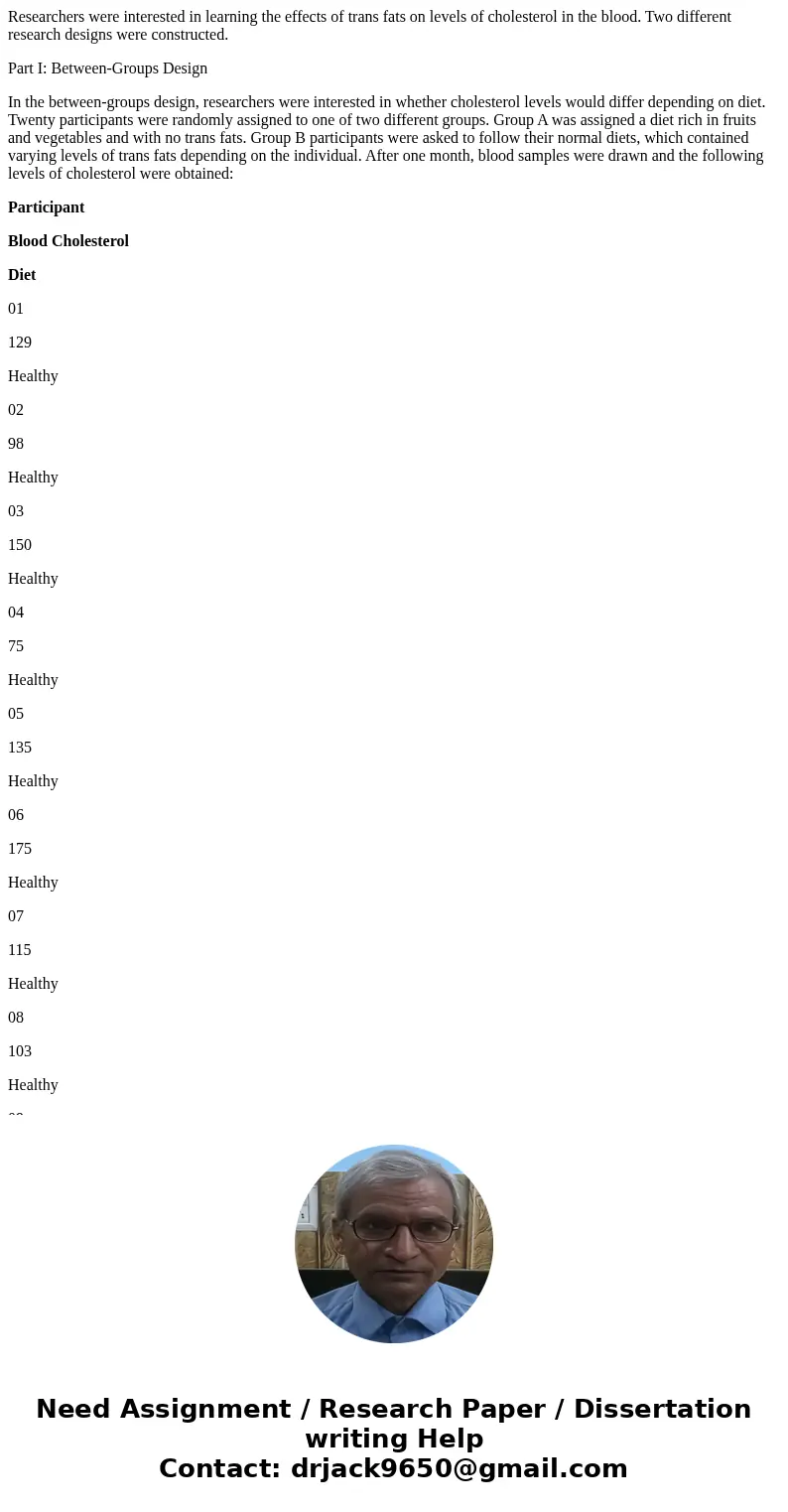 Researchers were interested in learning the effects of trans fats on levels of cholesterol in the blood. Two different research designs were constructed. Part I Researchers were interested in learning the effects of trans fats on levels of cholesterol in the blood. Two different research designs were constructed. Part I