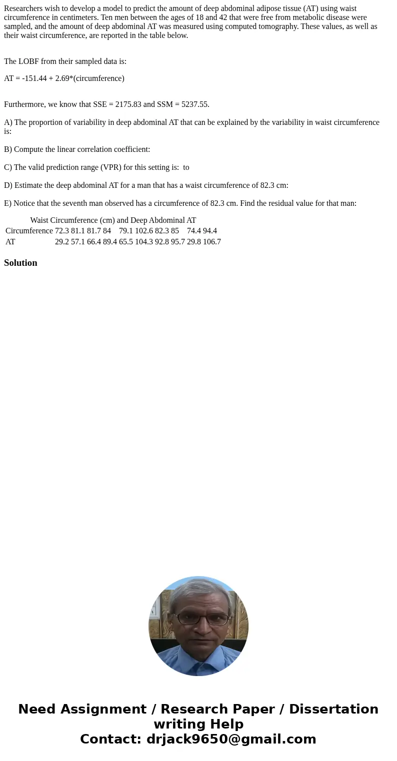 Researchers wish to develop a model to predict the amount of deep abdominal adipose tissue (AT) using waist circumference in centimeters. Ten men between the ag Researchers wish to develop a model to predict the amount of deep abdominal adipose tissue (AT) using waist circumference in centimeters. Ten men between the ag
