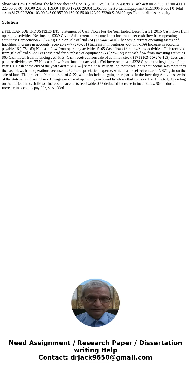 Show Me How Calculator The balance sheet of Dec. 31,2016 Dec. 31, 2015 Assets 3 Cash 488.00 278.00 17700 400.00 225.00 58.00) 160.00 201.00 109.00 448.00 172.0  Show Me How Calculator The balance sheet of Dec. 31,2016 Dec. 31, 2015 Assets 3 Cash 488.00 278.00 17700 400.00 225.00 58.00) 160.00 201.00 109.00 448.00 172.0