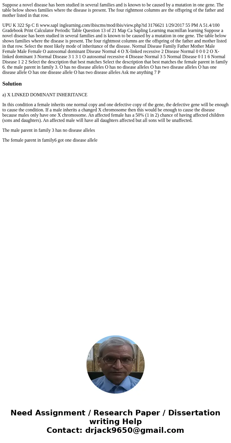 Suppose a novel disease has been studied in several families and is known to be caused by a mutation in one gene. The table below shows families where the disea Suppose a novel disease has been studied in several families and is known to be caused by a mutation in one gene. The table below shows families where the disea