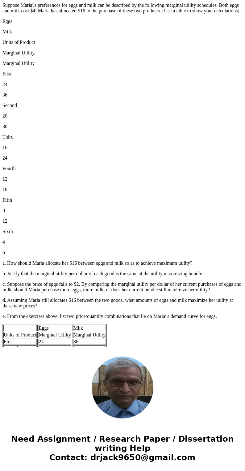 Suppose Maria\'s preferences for eggs and milk can be described by the following marginal utility schedules. Both eggs and milk cost $4; Maria has allocated $16 Suppose Maria\'s preferences for eggs and milk can be described by the following marginal utility schedules. Both eggs and milk cost $4; Maria has allocated $16