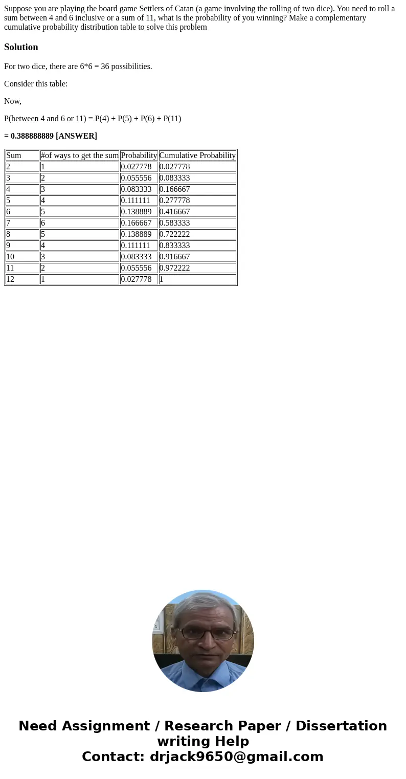 Suppose you are playing the board game Settlers of Catan (a game involving the rolling of two dice). You need to roll a sum between 4 and 6 inclusive or a sum o Suppose you are playing the board game Settlers of Catan (a game involving the rolling of two dice). You need to roll a sum between 4 and 6 inclusive or a sum o