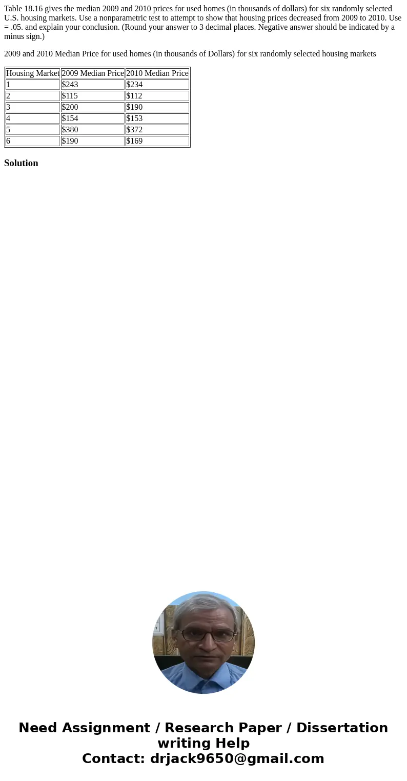 Table 18.16 gives the median 2009 and 2010 prices for used homes (in thousands of dollars) for six randomly selected U.S. housing markets. Use a nonparametric t Table 18.16 gives the median 2009 and 2010 prices for used homes (in thousands of dollars) for six randomly selected U.S. housing markets. Use a nonparametric t