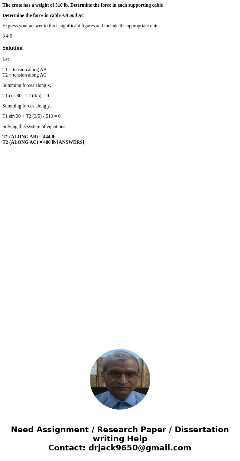 The crate has a weight of 510 lb. Determine the force in each supporting cable Determine the force in cable AB and AC Express your answer to three significant f The crate has a weight of 510 lb. Determine the force in each supporting cable Determine the force in cable AB and AC Express your answer to three significant f